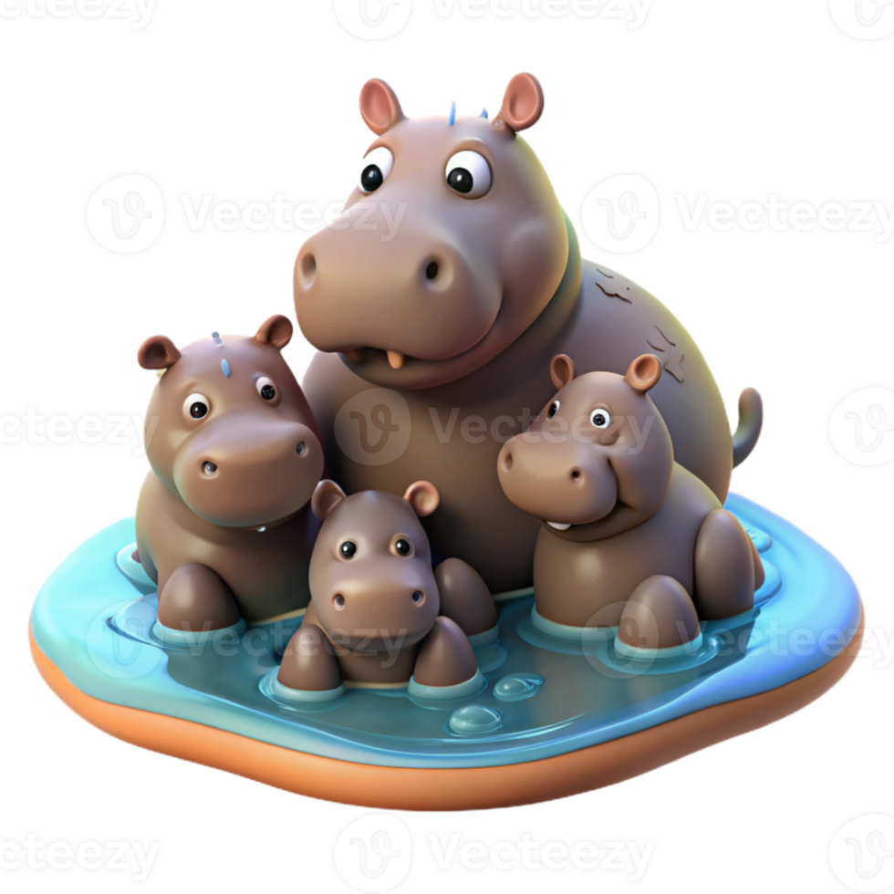 extraordinary classic A family of hippos wallowing in a river, muddy water, playful and relaxed original png