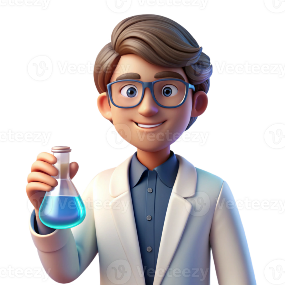 stunning vintage Portrait of a thoughtful scientist with spectacles and a lab coat, holding a beaker, lit by a bright lab light, in a realistic style high resolution png