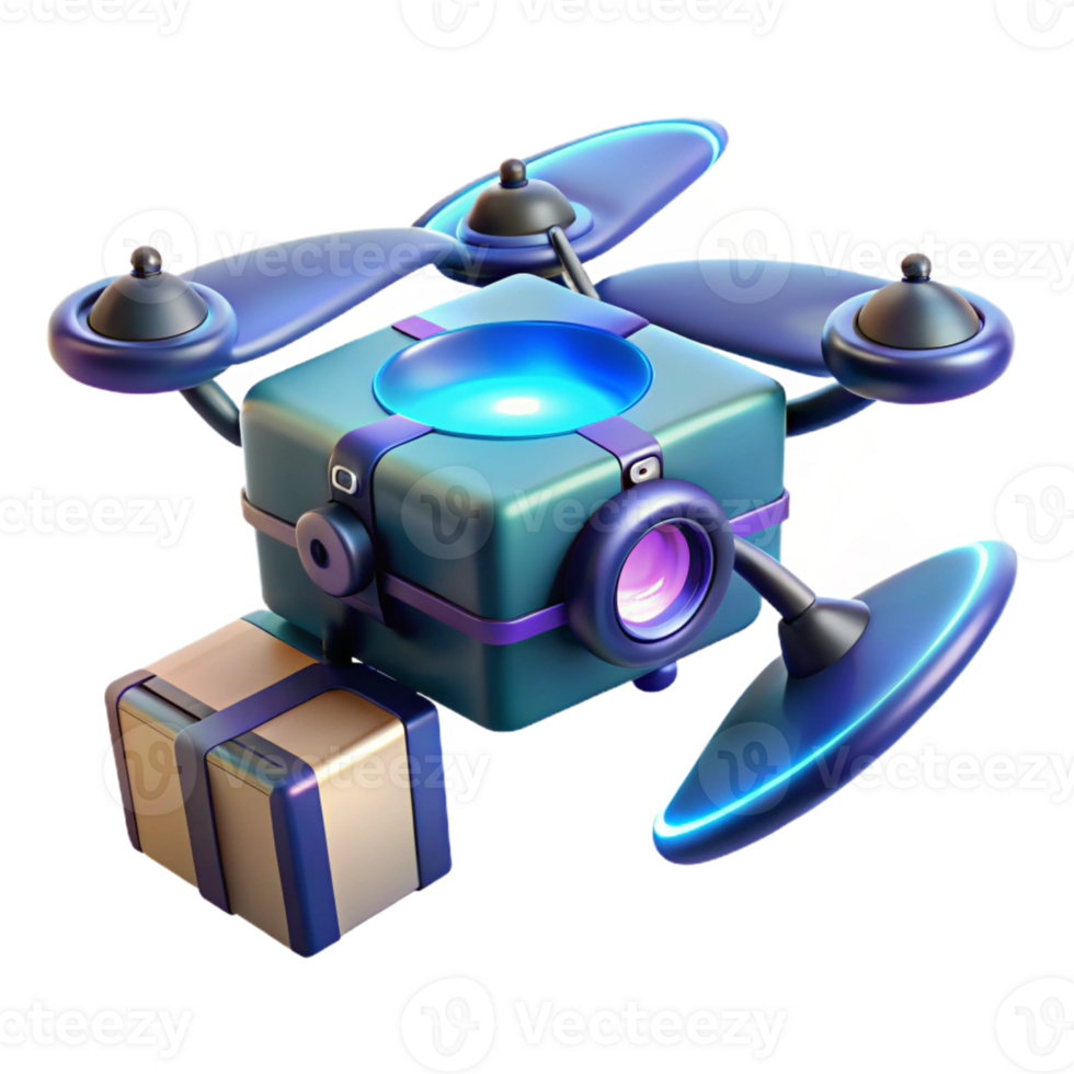 magnificent classic A futuristic drone delivering a package, sleek design and glowing lights visible, against a dark, urban backdrop high quality png