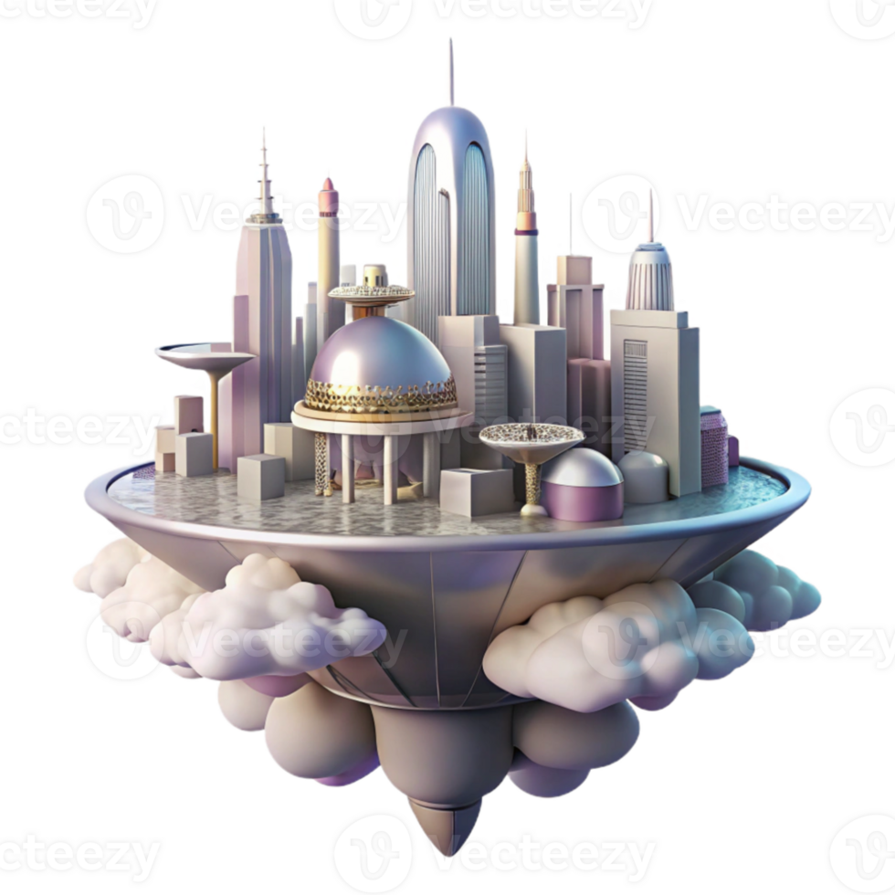 extraordinary abstract A futuristic city floating among the clouds, sleek and utopian design, soft lighting, serene atmosphere 4K png