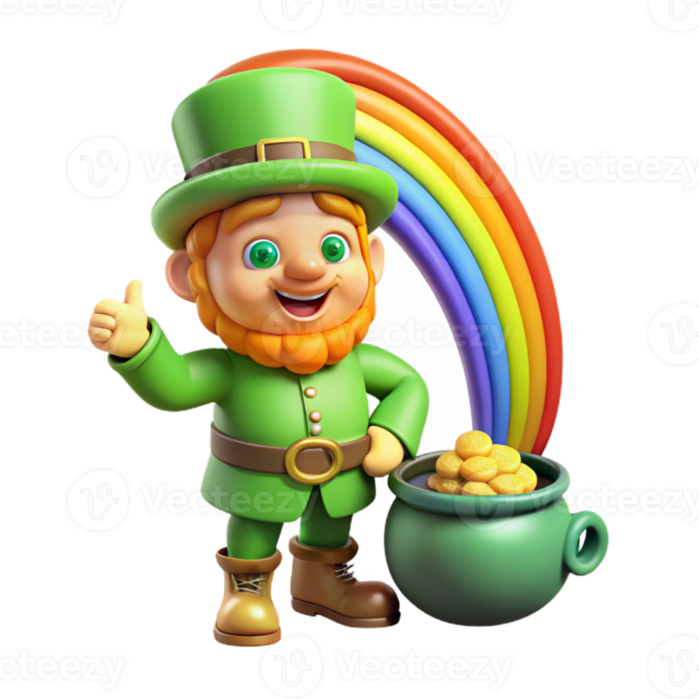 vibrant artistic A mischievous leprechaun, guarding a pot of gold at the end of a rainbow, vibrant colors, whimsical style professional png