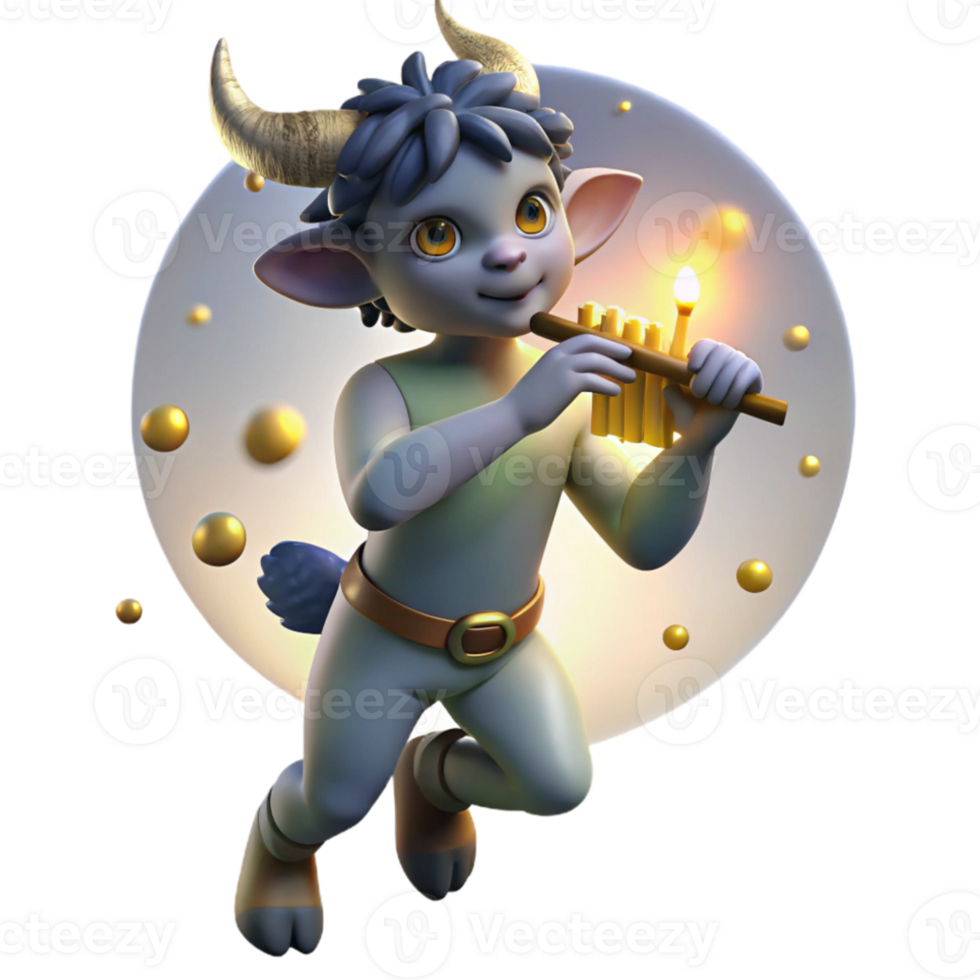 serene modern A mischievous satyr, playing a pan flute crafted from bone, surrounded by dancing fireflies, lit by the silvery glow of a full moon. Impressionism style original png