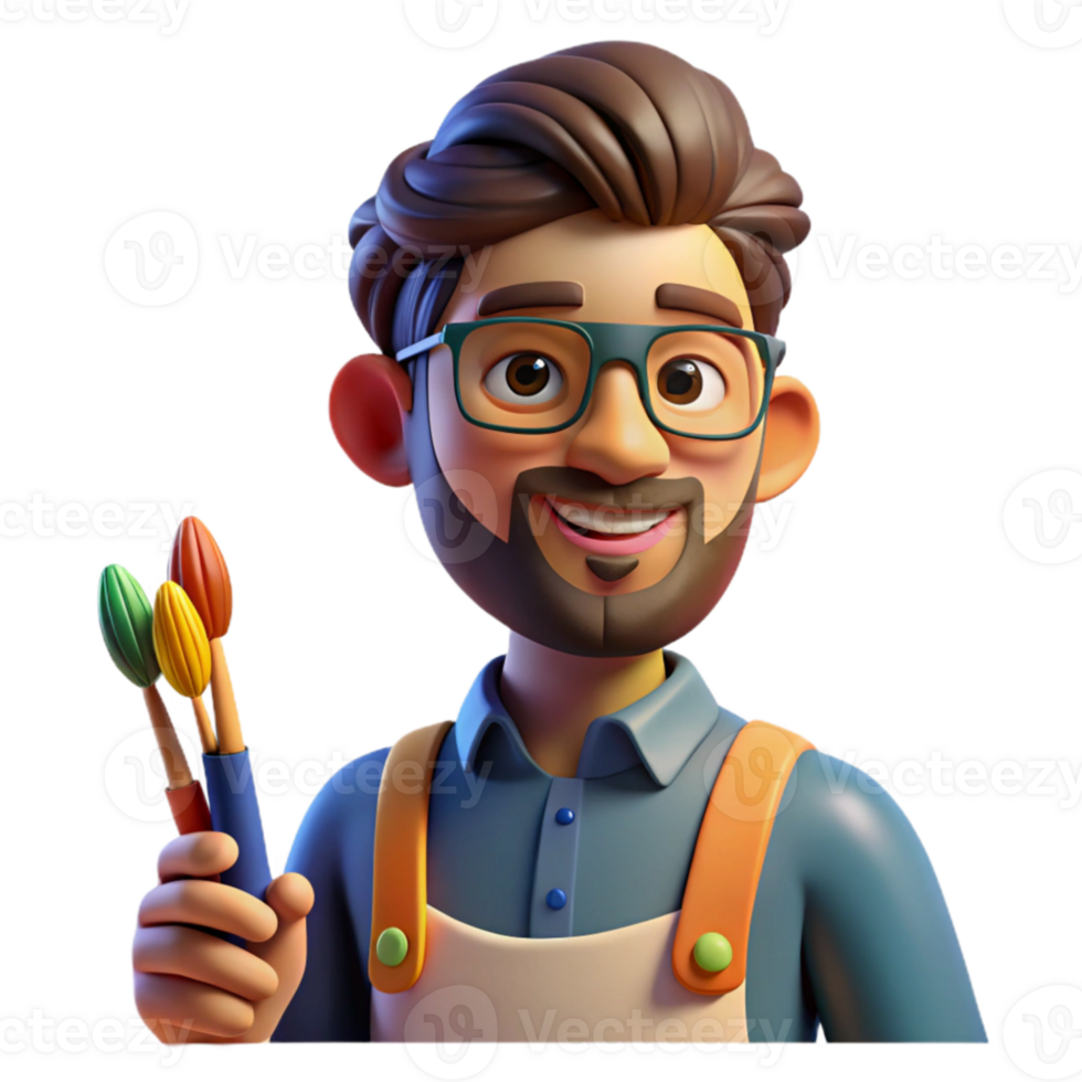 magnificent rustic Portrait of a passionate artist with a paintbrush in hand, splattered with paint, lit by natural light from a window, in an expressive style original png