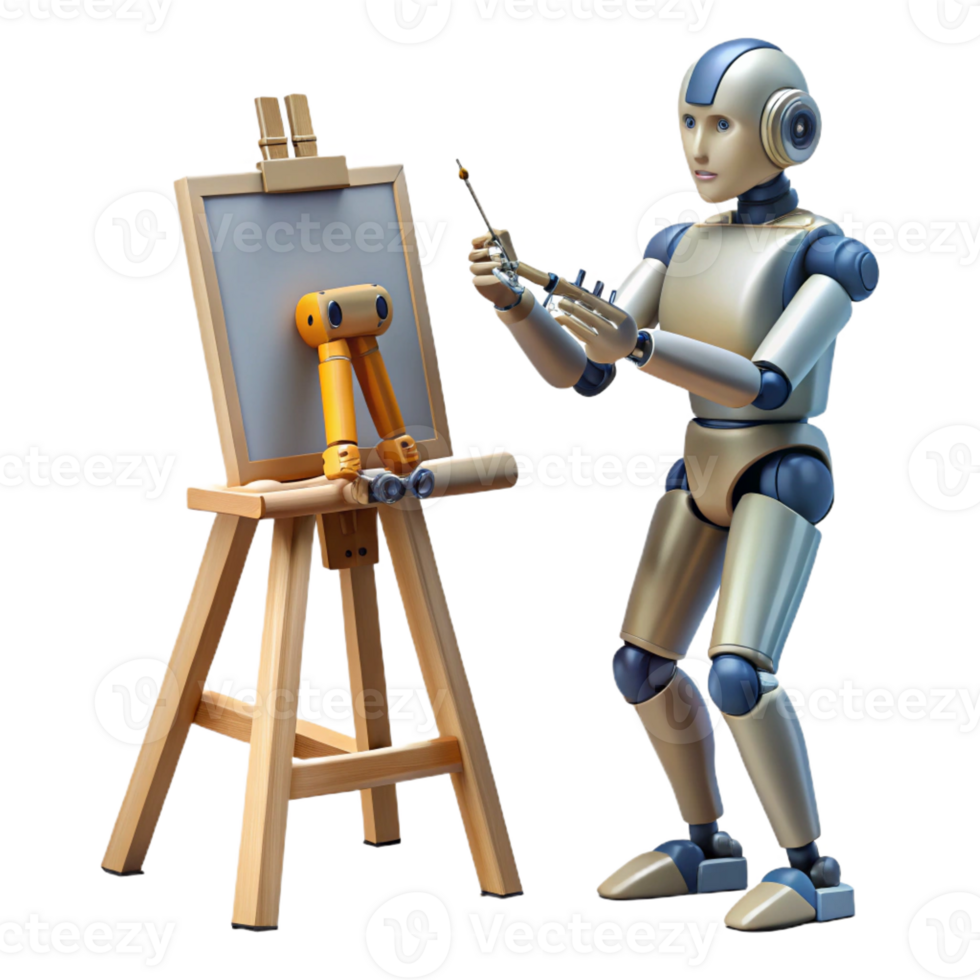 wonderful rustic A robotic artist with a delicate, mechanical hand, painting a portrait, under soft, natural studio lighting. Renaissance style premium png
