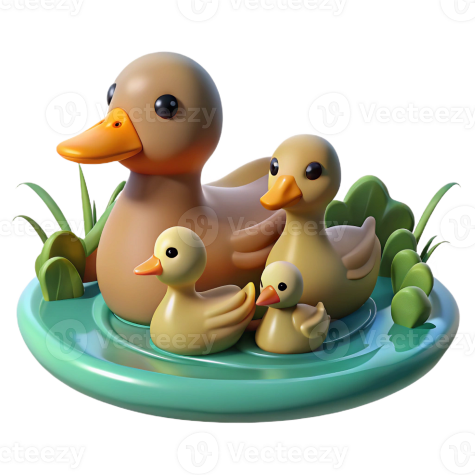 wonderful modern A family of ducks swimming in a pond, serene setting, realistic style high resolution png