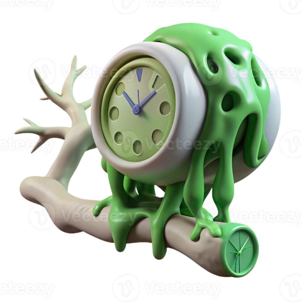 magnificent classic A melting clock drapes over a branch made of intertwined human bones. Surrealism style, eerie green lighting high resolution png