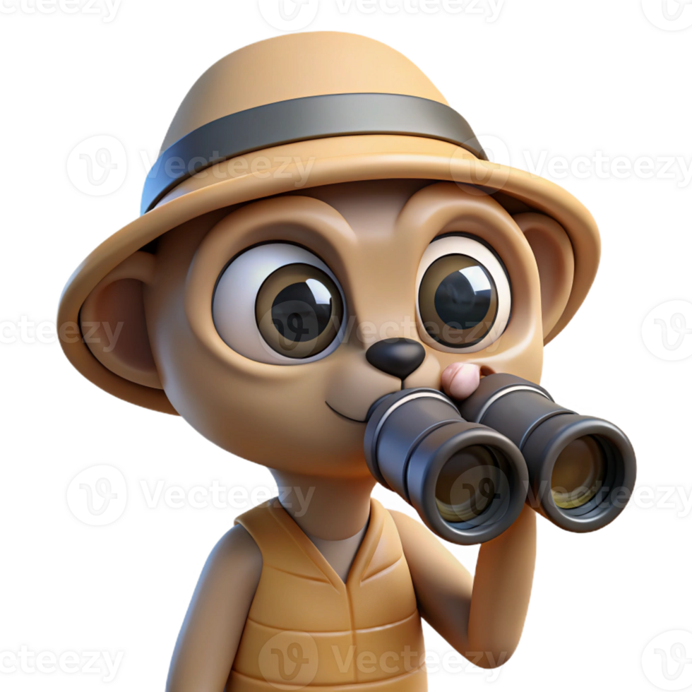 dramatic creative A curious meerkat wearing a safari hat and peering through binoculars, lit by a bright, African savanna sunlight, drawn in a documentary-style cartoon genuine png