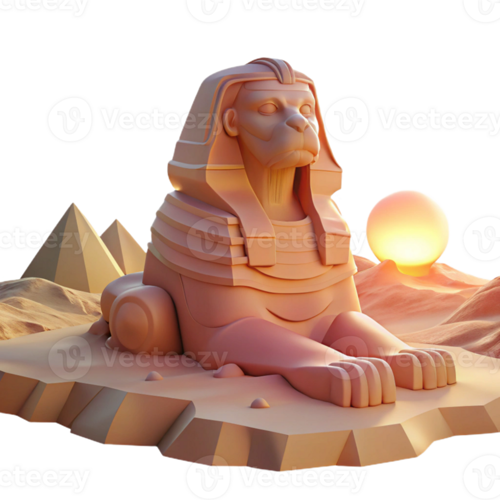serene classic A stoic sphinx, carved from rose quartz, gazing across a desolate desert landscape, bathed in the warm glow of a setting sun. Low poly style high resolution png