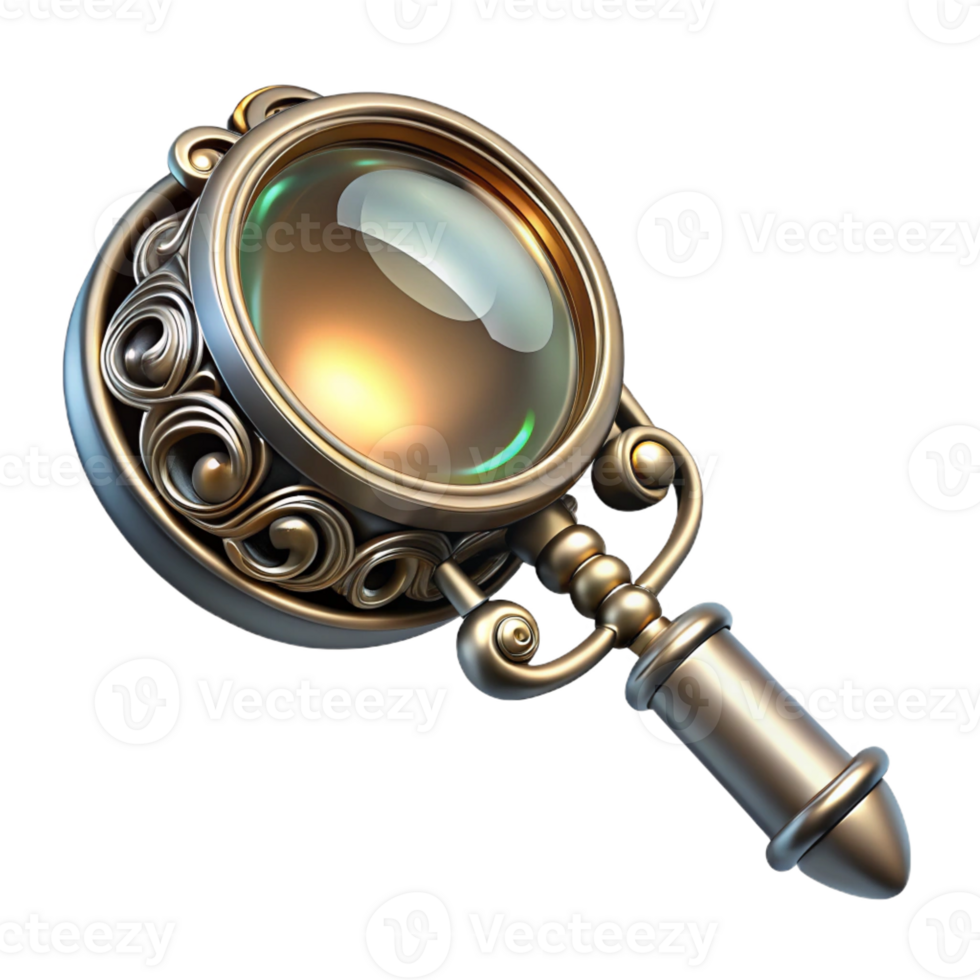 dramatic classic A steampunk monocle, with a magnifying glass and intricate filigree design, made of polished silver, lit by a sharp, directional light high quality png