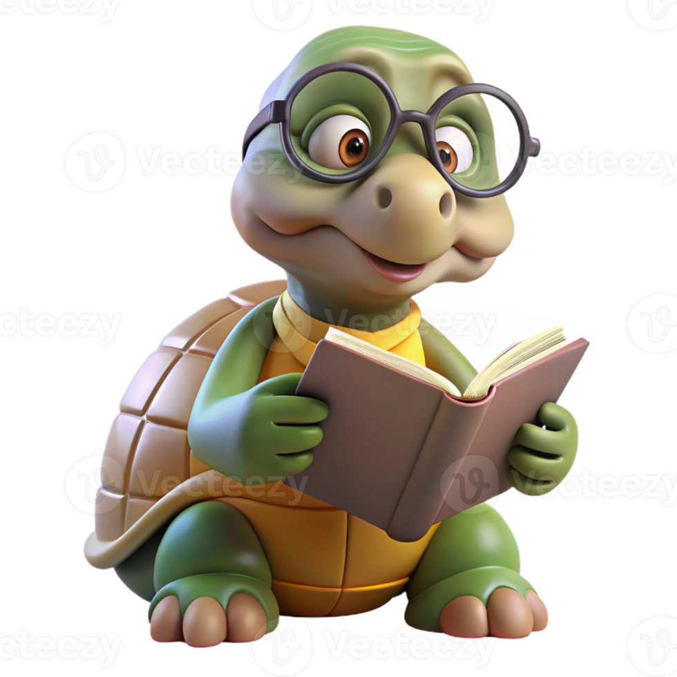 beautiful classic A wise old tortoise wearing spectacles and reading a book, illuminated by a warm, library light, rendered in a gentle, Aesop's Fables cartoon style original png