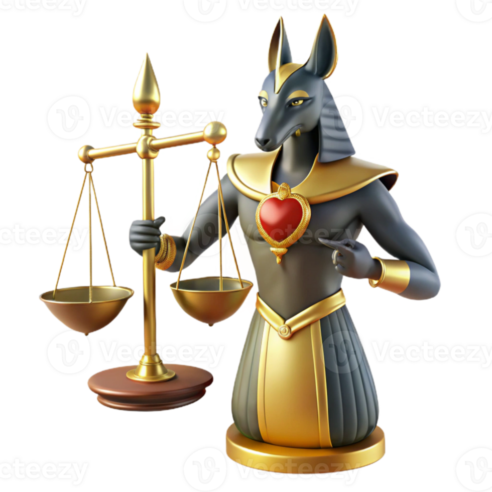 vibrant rustic Anubis, the jackal-headed god, weighing a heart against a feather on golden scales, hieroglyphs etched on the scales, ancient Egyptian art style high quality png