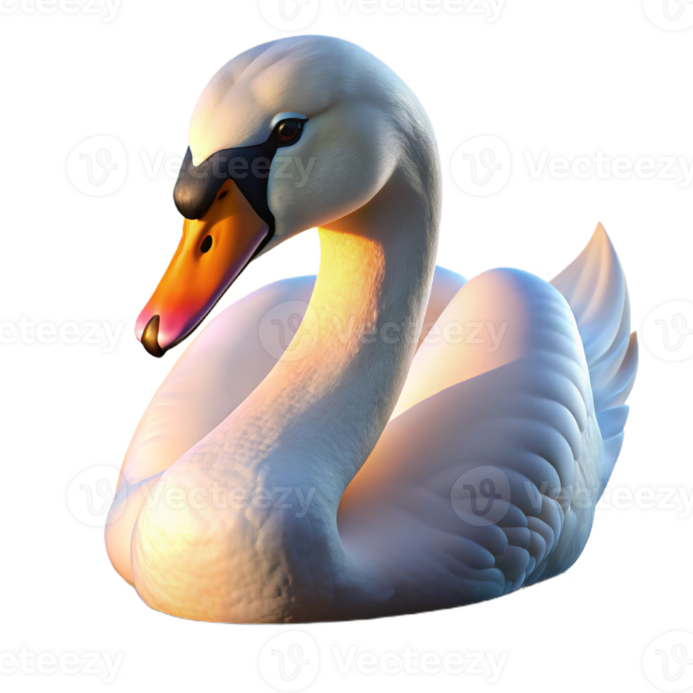 wonderful rustic Portrait of an elegant swan with pristine white feathers, illuminated by the soft glow of a tranquil lake at dawn, styled as a serene nature photograph professional png