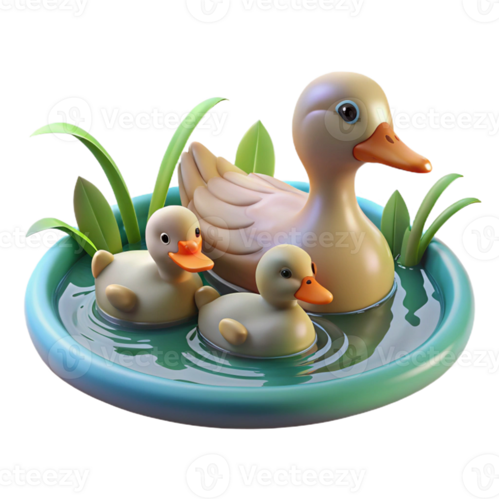 stunning creative A family of ducks swimming in a pond, serene setting, realistic style premium png
