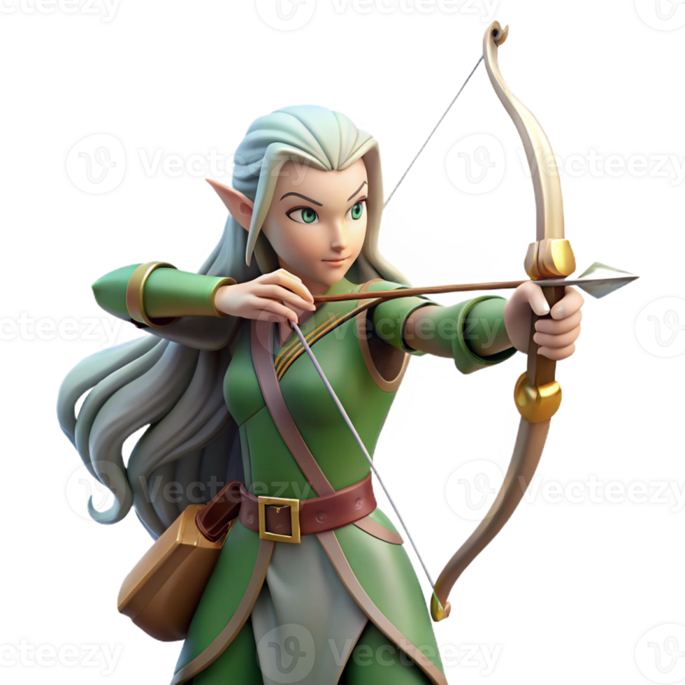 stunning artistic A graceful elf archer with long flowing hair and a silver bow, aiming an arrow, dappled forest light. Pre-Raphaelite style detailed png