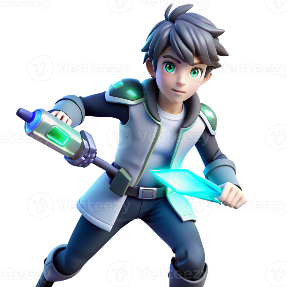 vibrant artistic A stylish anime boy with a futuristic outfit, holding a glowing weapon, dynamic lighting, cyberpunk anime style, action pose authentic png
