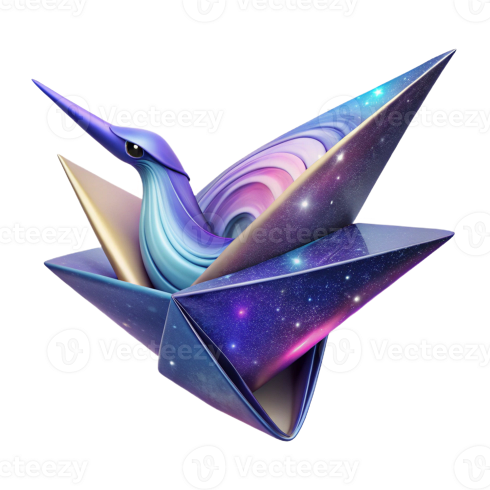 extraordinary modern A giant, origami crane folds itself out of a sheet of swirling galaxies. Abstract style, vibrant, cosmic lighting high resolution png