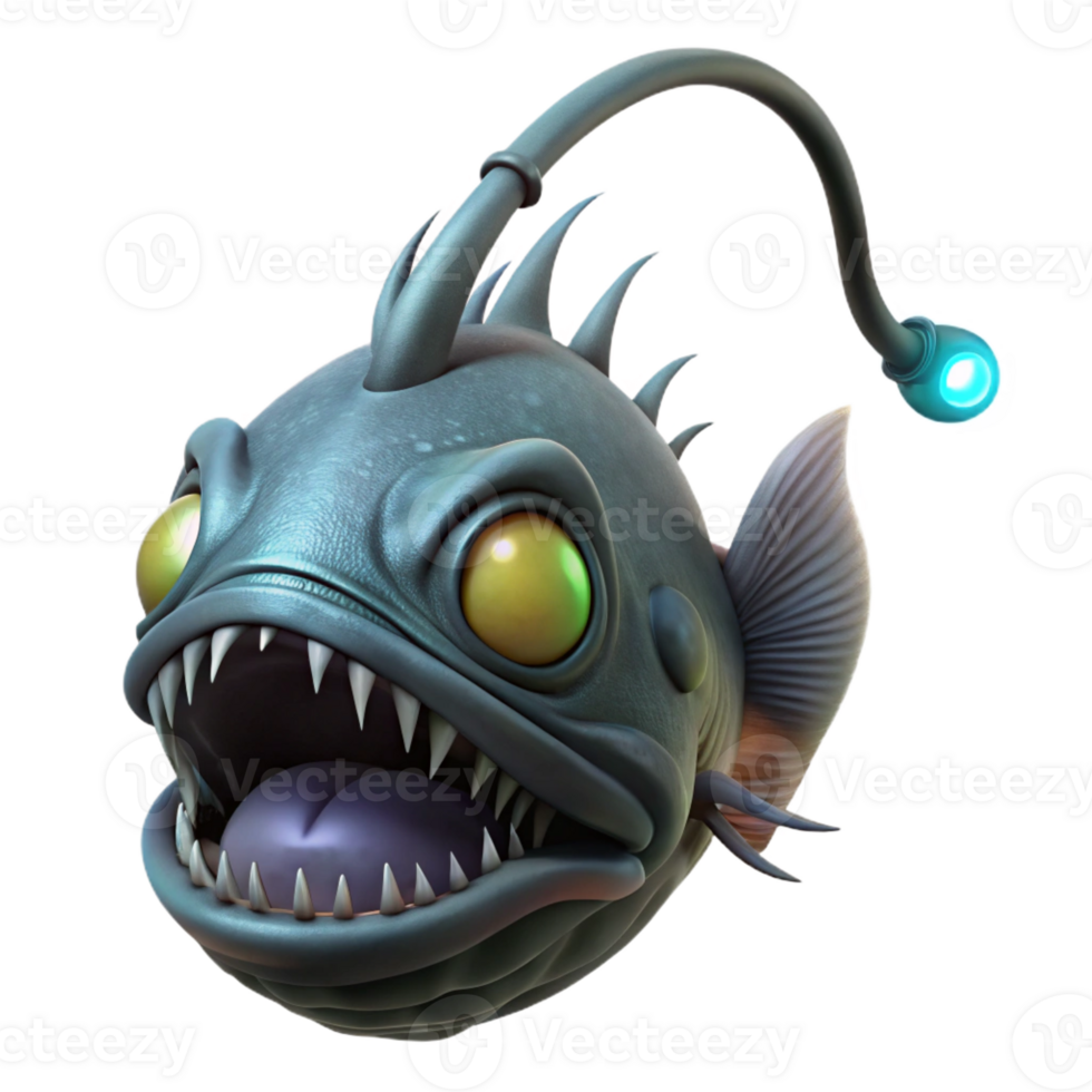 dramatic contemporary A deep-sea anglerfish attracting prey with its bioluminescent lure, dark, ominous lighting, horror, creature design style, exclusive png