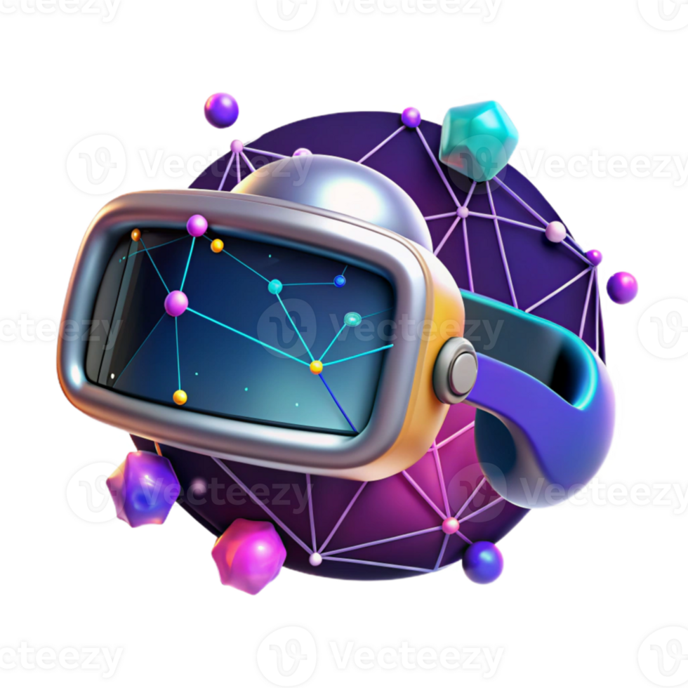 extraordinary classic A virtual reality headset floating in space, surrounded by digital constellations, vibrant, neon colors, surrealist style detailed png