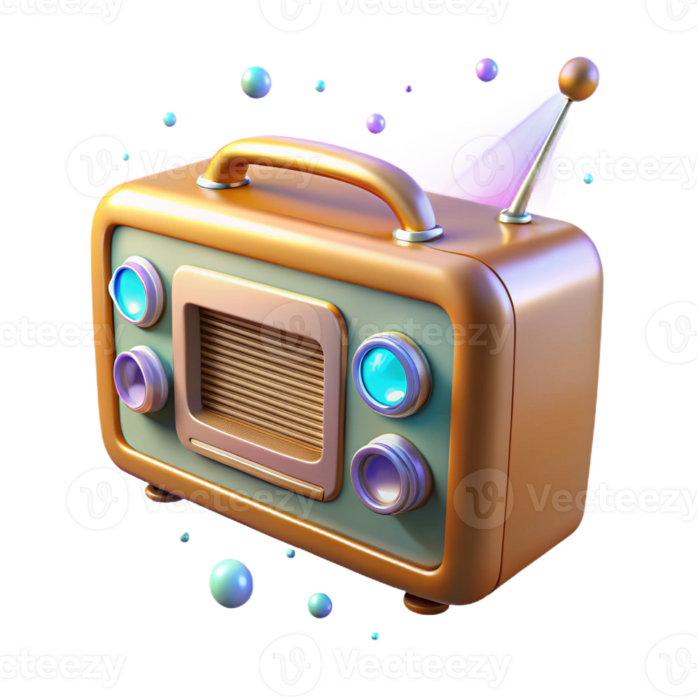 vibrant artistic An antique radio transforming into a holographic speaker, mid-transformation, glowing particles, dramatic lighting high resolution png