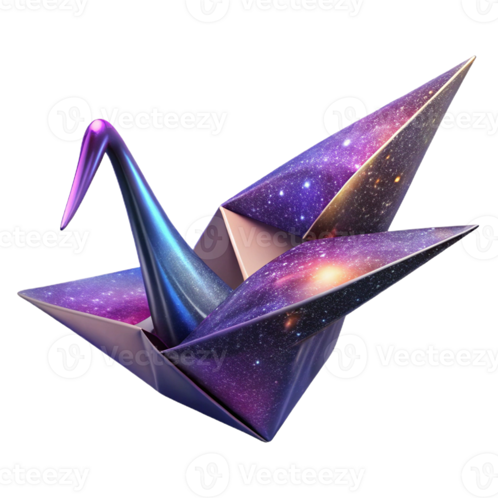wonderful contemporary A giant, origami crane folds itself out of a sheet of swirling galaxies. Abstract style, vibrant, cosmic lighting professional png