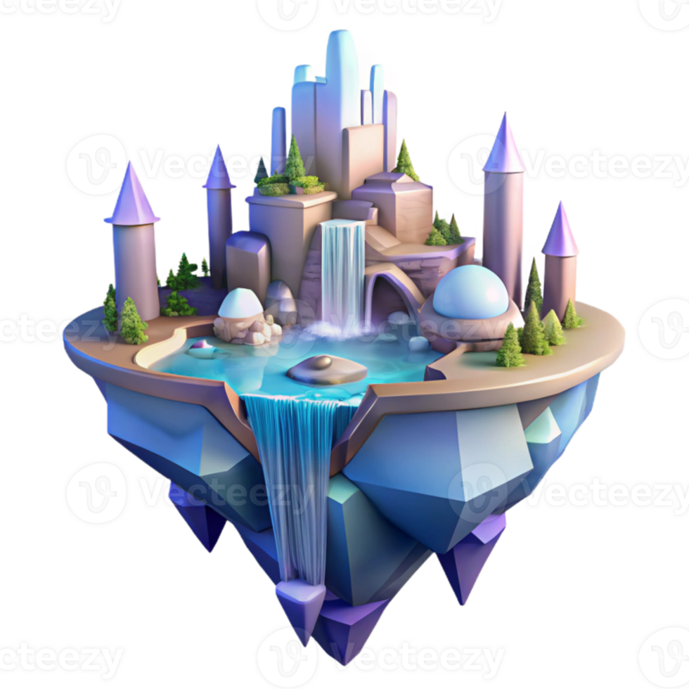 extraordinary traditional Floating island city, waterfalls cascading down the sides, crystalline architecture, vibrant colors, dreamlike atmosphere high resolution png