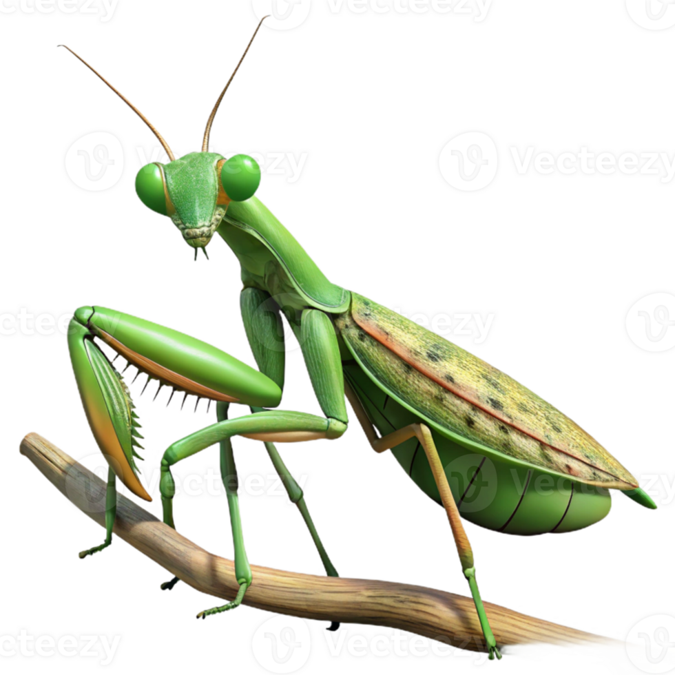 wonderful modern A praying mantis perched on a branch, camouflage, detailed texture 4K png