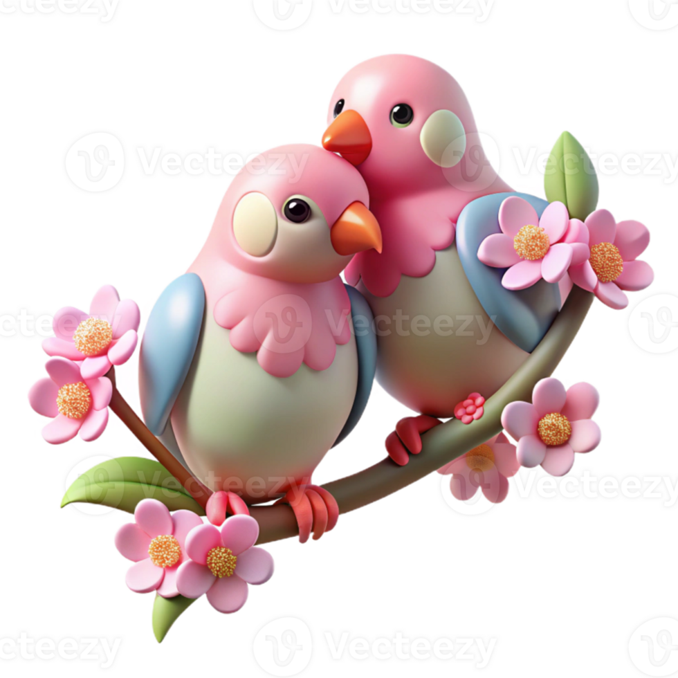 beautiful modern A pair of lovebirds perched on a flowering branch, soft, romantic lighting, vintage illustration style professional png