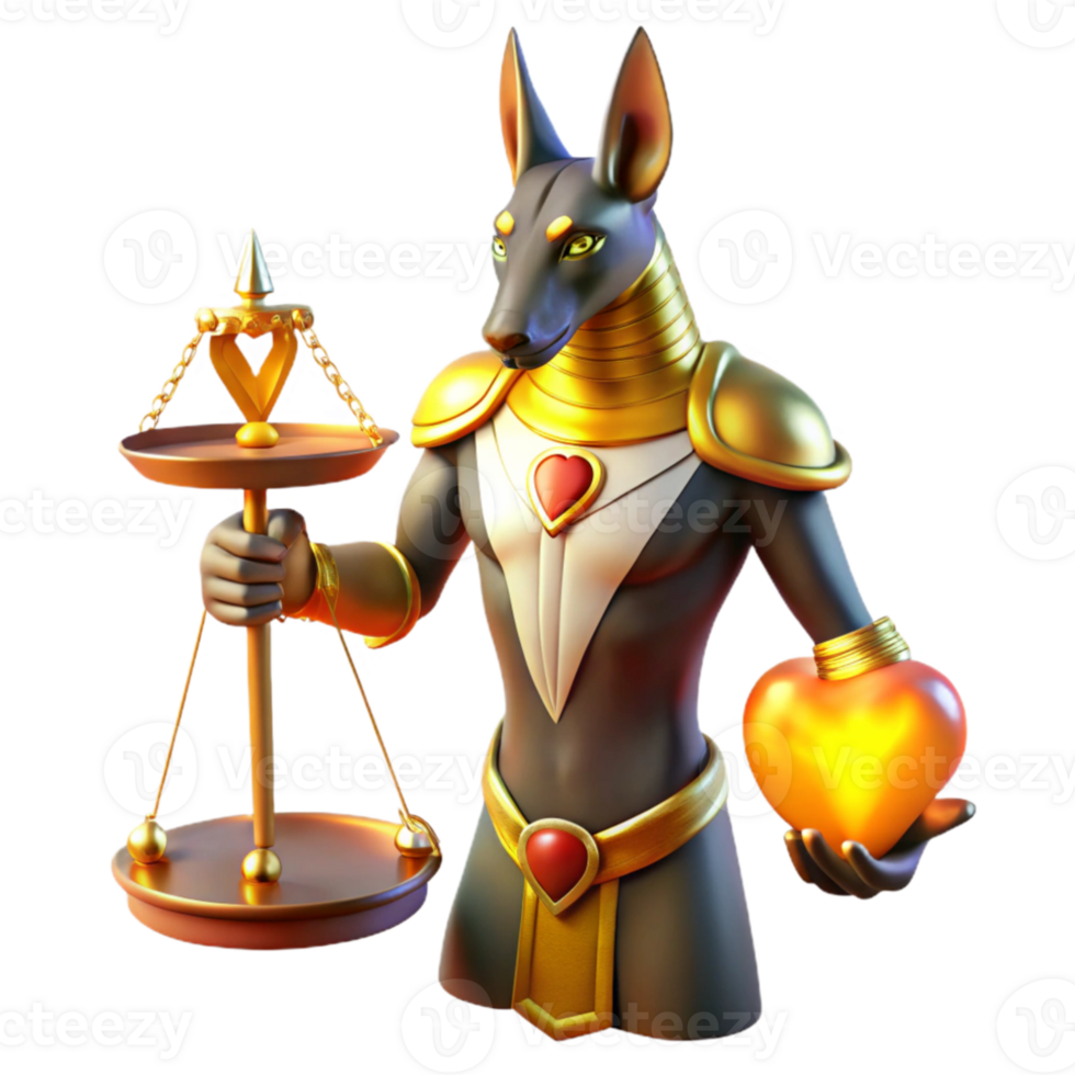 vibrant traditional A proud Anubis with the head of a jackal and the body of a man, weighing a heart on a golden scale, illuminated by a divine light. Ancient Egyptian style genuine png
