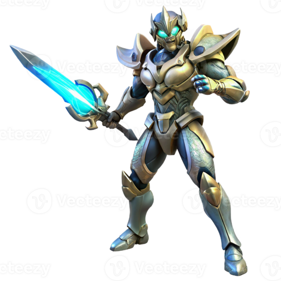 dramatic minimalist A futuristic warrior in ornate power armor wields a plasma blade, preparing for battle. Dynamic lighting, heroic style premium png