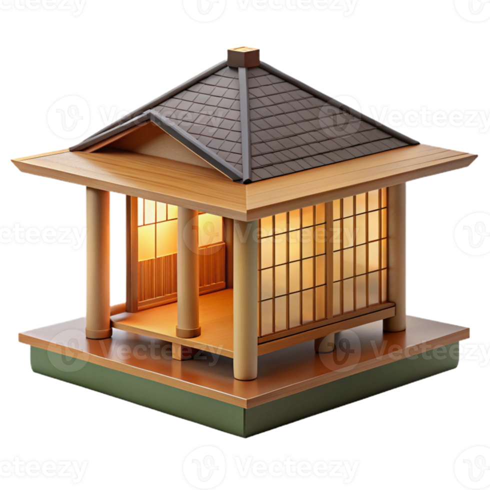 extraordinary creative Japanese tea house made of bamboo and paper, soft natural light, minimalist aesthetic, serene atmosphere high quality png