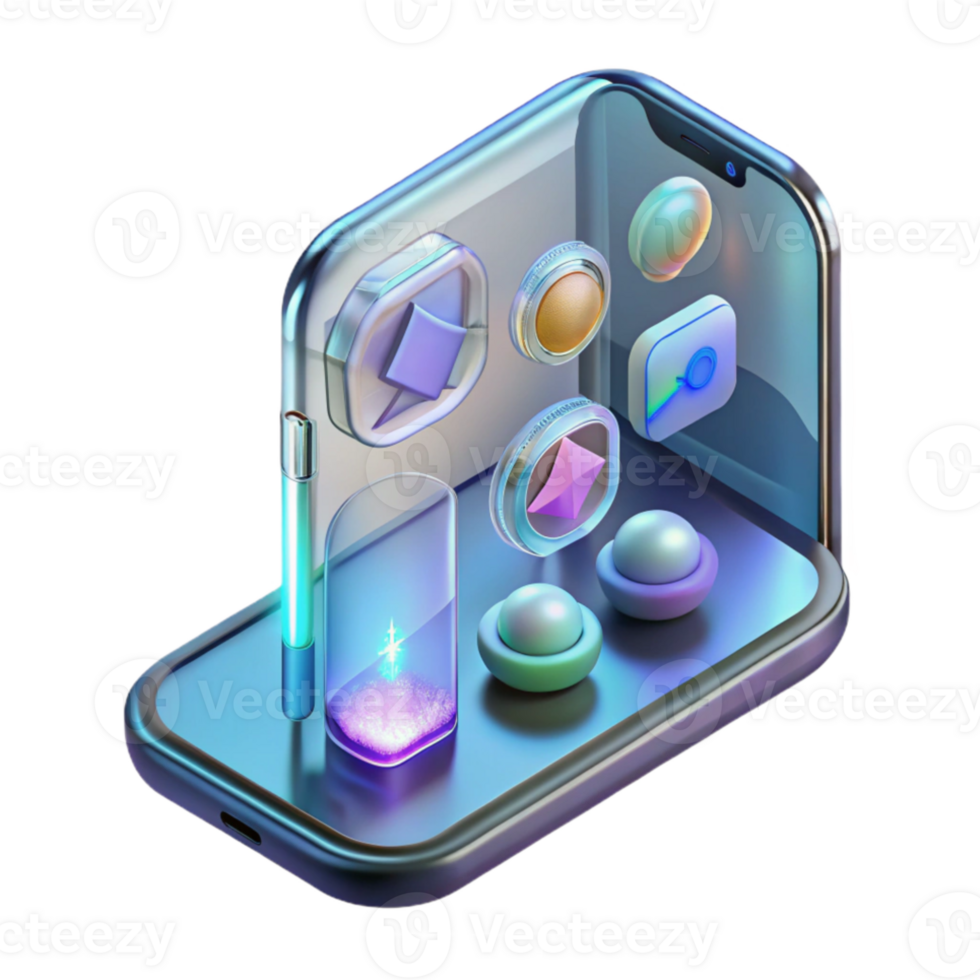 dramatic abstract A transparent smartphone displaying holographic icons, minimalist design, futuristic style 4K png