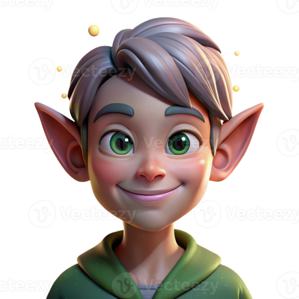 vibrant abstract Portrait of a mischievous elf with pointed ears and a playful smirk, lit by twinkling fairy lights, in a fantasy art style high quality png