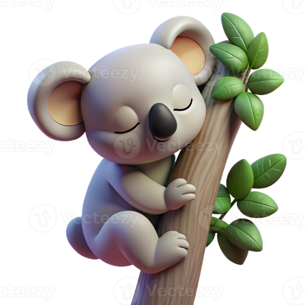 stunning minimalist A sleepy koala clinging to a eucalyptus tree, soft lighting, cuddly and adorable detailed png