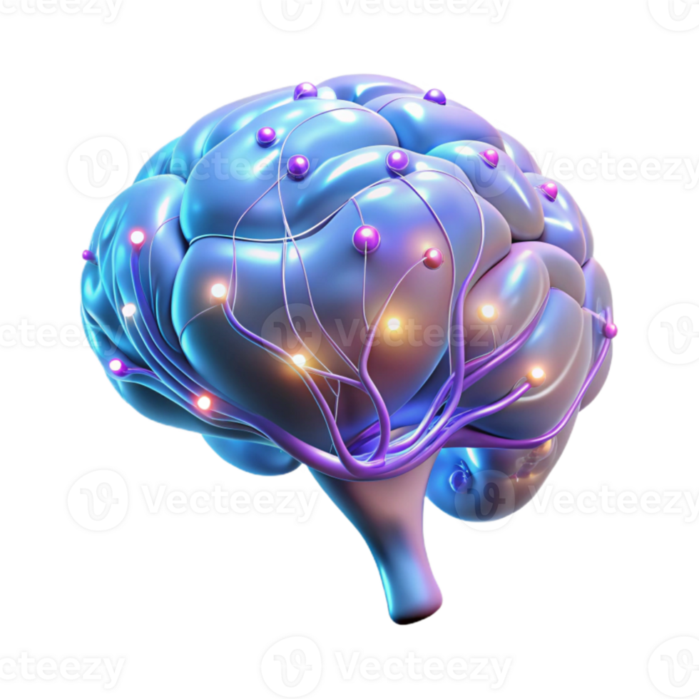 vibrant traditional A holographic projection of a human brain, neural pathways glowing and pulsating, dark background with blue and purple hues, medical illustration style authentic png