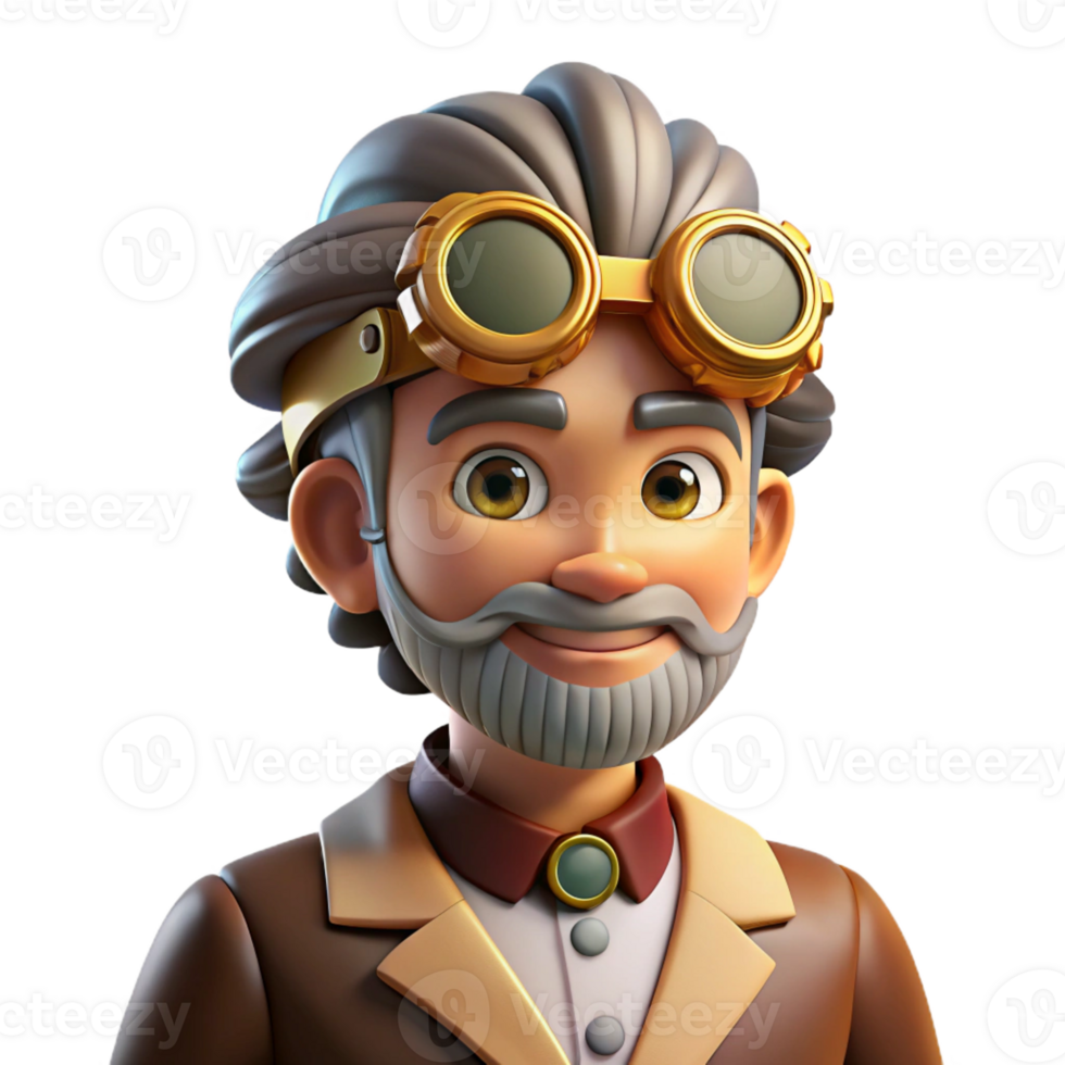 extraordinary minimalist Portrait of an eccentric inventor with goggles and gears, illuminated by the warm light of a steampunk workshop, rendered in a cartoonish style premium png