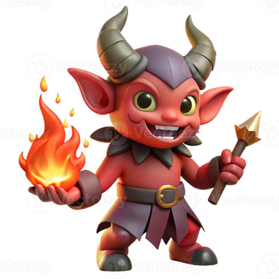 serene minimalist A mischievous imp with fiery red skin and horns, juggling glowing embers, lit by the flickering flames of a campfire. Cartoon style authentic png