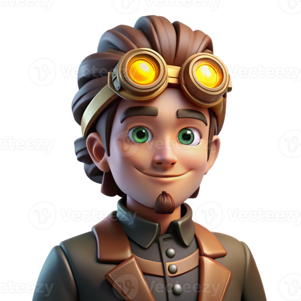 stunning artistic Portrait of a steampunk inventor with goggles and gears, lit by flickering gaslight, steampunk art style high resolution png