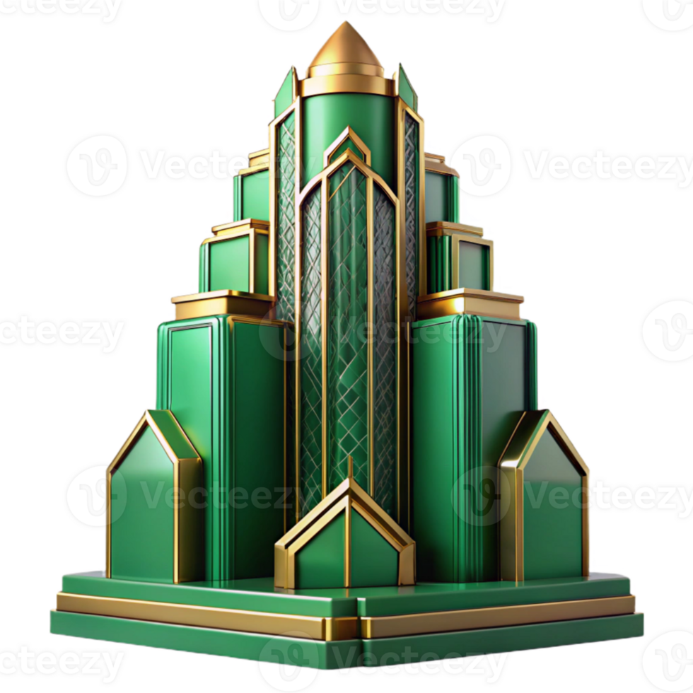 beautiful rustic Art Deco skyscraper, emerald green and gold accents, volumetric lighting, highly polished surfaces, intricate geometric patterns detailed png