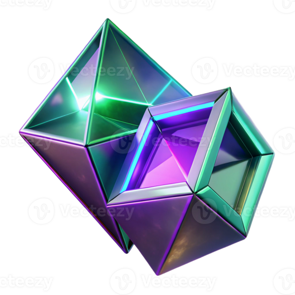 serene contemporary Fractured geometric shapes of amethyst and emerald, illuminated by sharp neon light, in a Cubist style original png