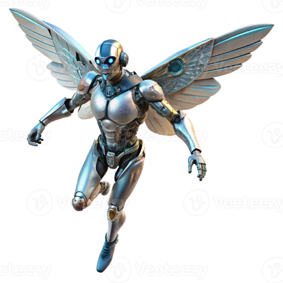 extraordinary traditional A cyborg with intricate mechanical wings, soaring through the air, dynamic pose, cyberpunk aesthetic exclusive png