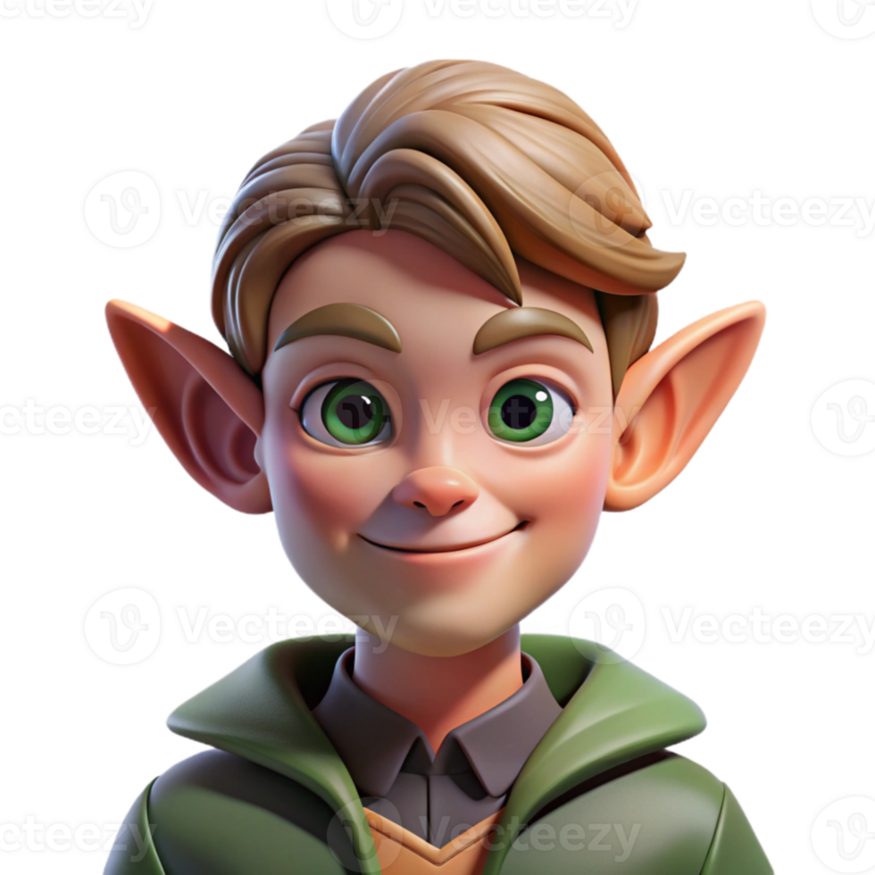 dramatic modern Portrait of a mischievous elf with pointed ears and a playful smirk, lit by dappled forest light, in a whimsical style genuine png