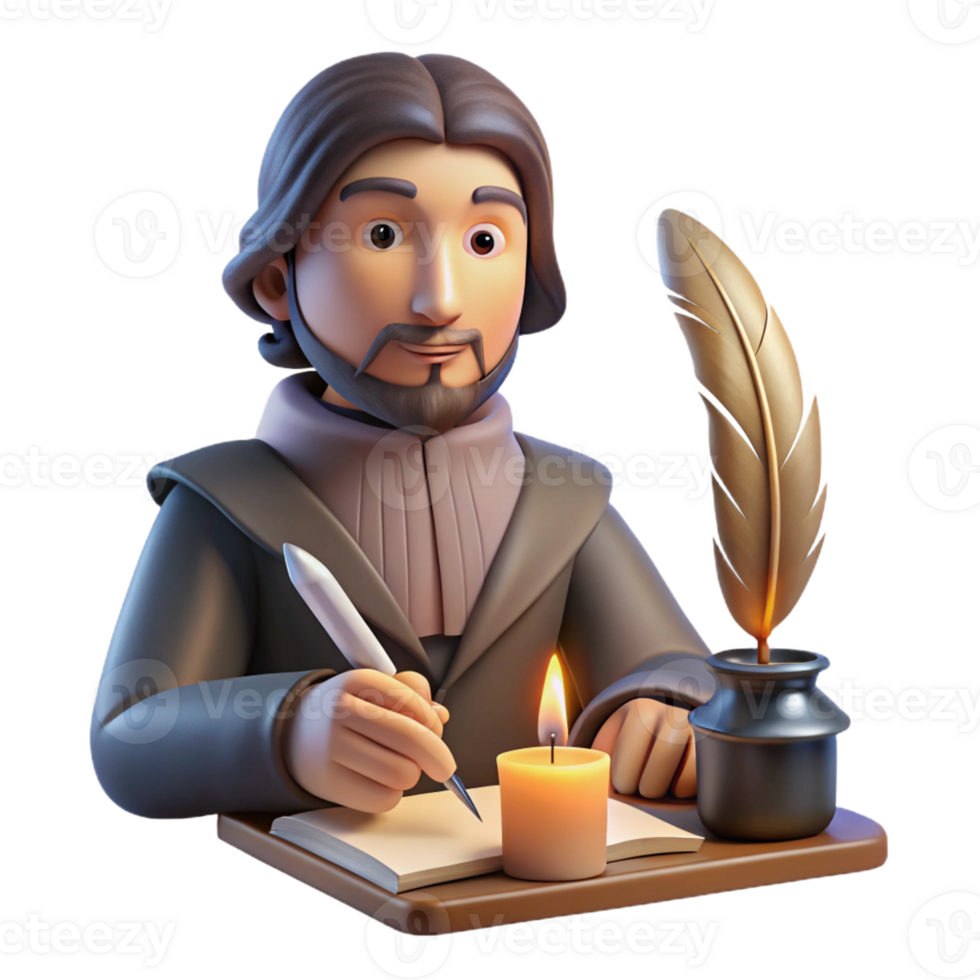 stunning modern Portrait of a thoughtful writer with a quill and parchment, illuminated by the warm glow of a candlelit desk, styled as a vintage portrait premium png