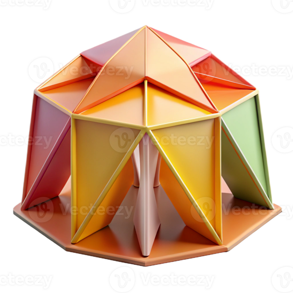 serene traditional Origami-inspired pavilion, folded paper-like structure, colorful panels, soft lighting, experimental architecture premium png