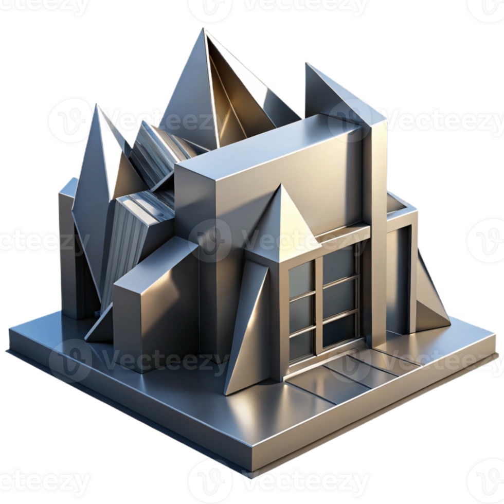 extraordinary contemporary Deconstructivist building, fragmented forms, sharp angles, metallic surfaces, dramatic shadows, abstract art 4K png