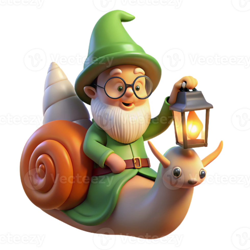 extraordinary abstract A whimsical gnome riding a giant snail, wearing a pointed hat and spectacles, lit by the warm glow of a firefly lantern. Whimsical, storybook style high resolution png