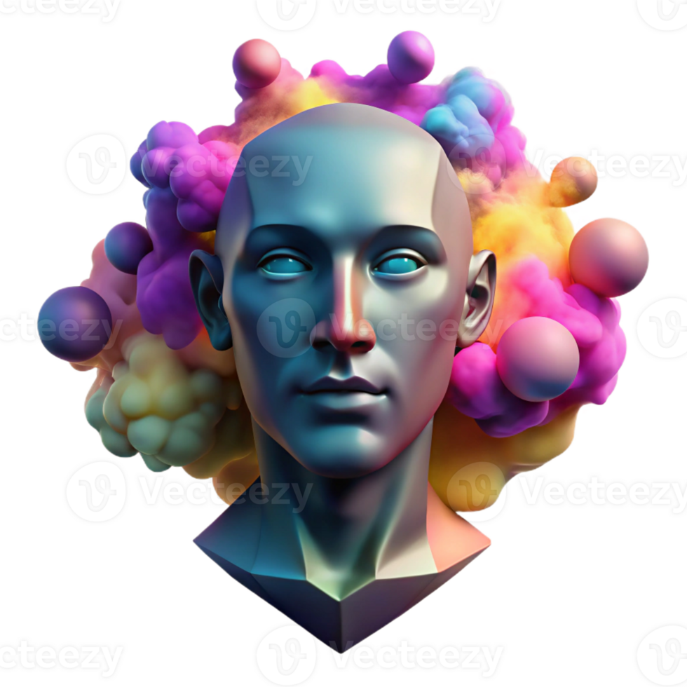 extraordinary classic A portrait of a human face dissolving into colorful smoke and geometric patterns, in a cubist style, original png