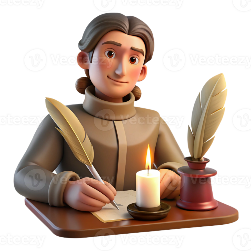 wonderful traditional Portrait of a thoughtful writer with a quill and parchment, illuminated by the warm glow of a candlelit desk, styled as a vintage portrait high resolution png