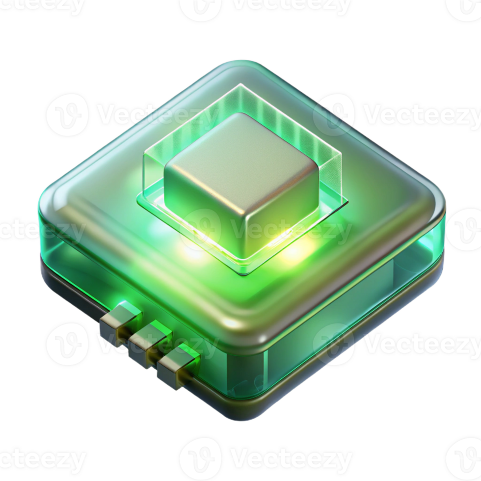 magnificent modern A single, glowing microchip levitating, intricate circuitry visible within its transparent casing, bathed in an ethereal green light premium png