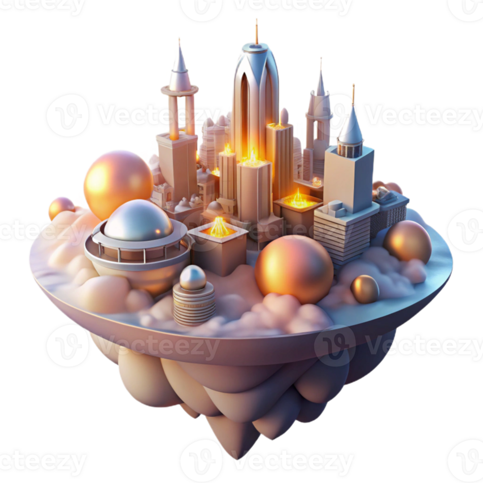 dramatic minimalist A futuristic city floating in the clouds, powered by glowing orbs of energy, illuminated by the warm light of the sun. Fantasy style genuine png