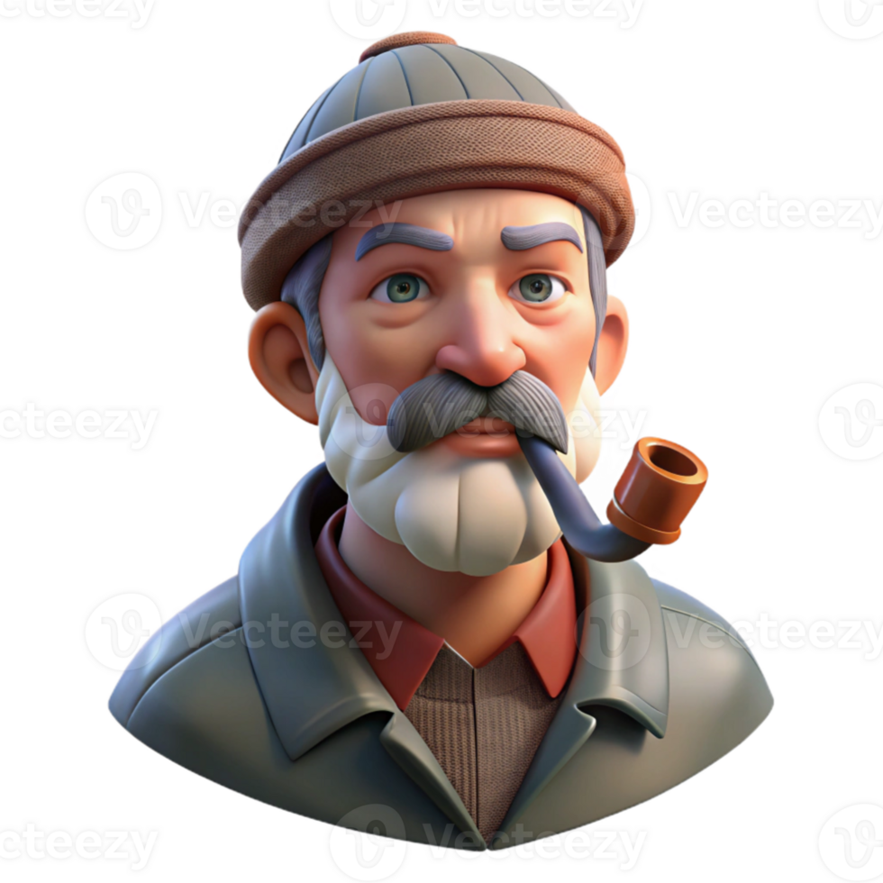 vibrant abstract Portrait of a weathered fisherman with a wrinkled face and a pipe, lit by the setting sun, in a classic portrait style professional png